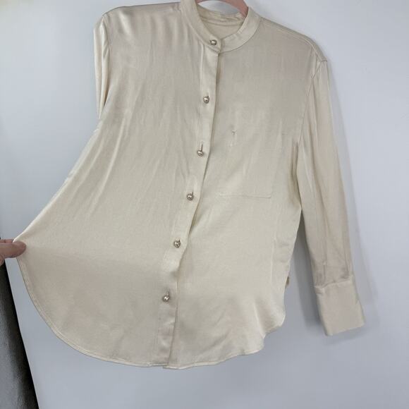Vince Relaxed Band Collar Shirt Women oversized XS Light Shiny Peach Long Sleeve - Picture 6 of 9